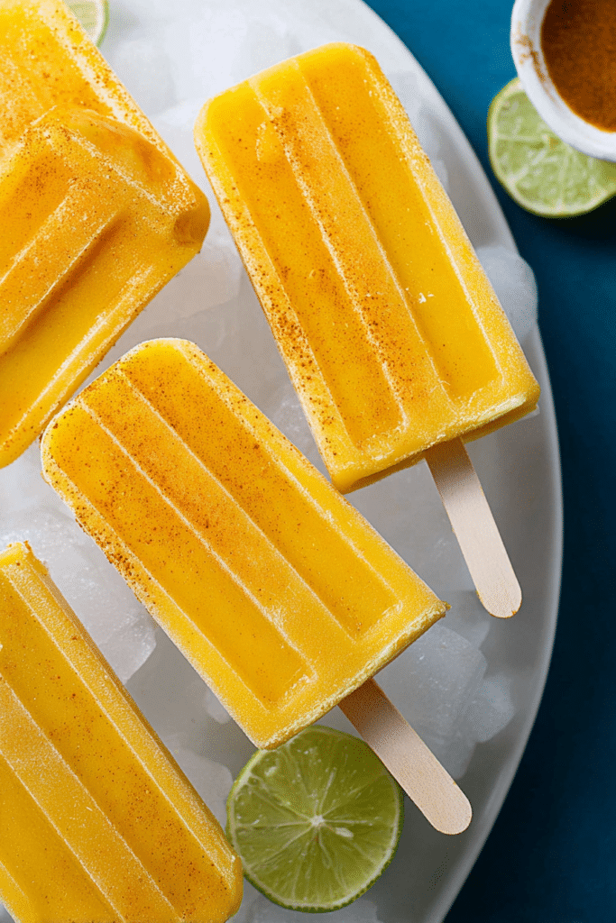 Colorful spicy mango popsicles surrounded by fresh mangoes and spices, ideal for summer treats.