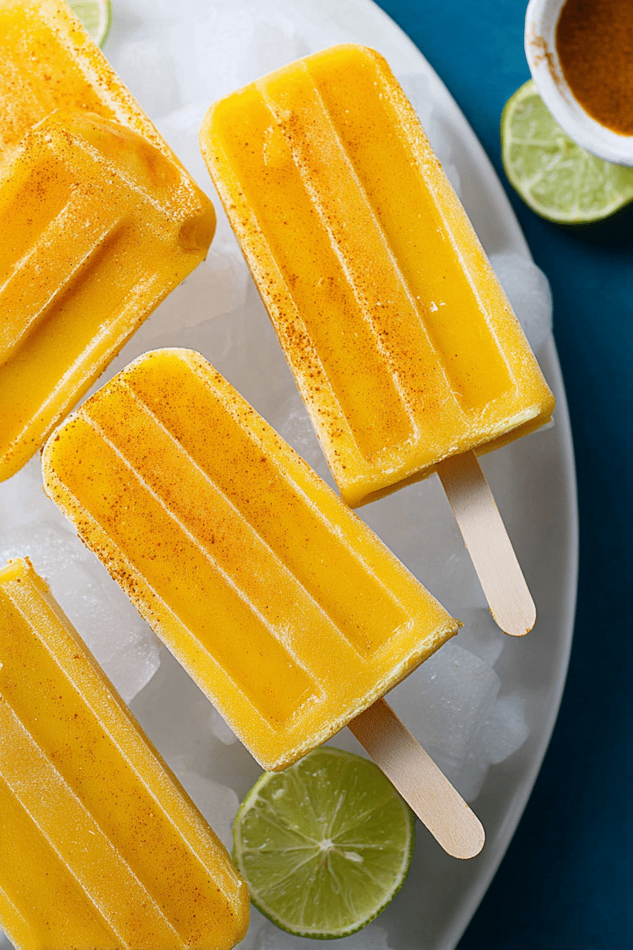 Colorful spicy mango popsicles surrounded by fresh mangoes and spices, ideal for summer treats.