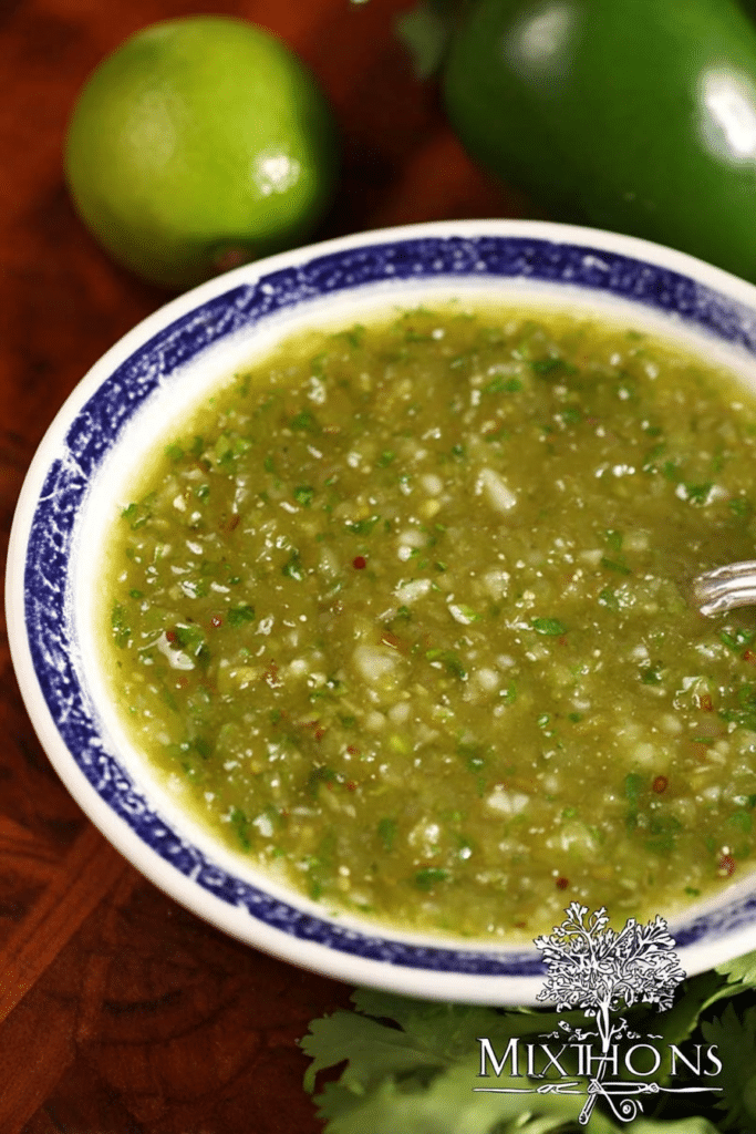 Bowl of spicy tomatillo salsa verde with fresh ingredients on a wooden table.