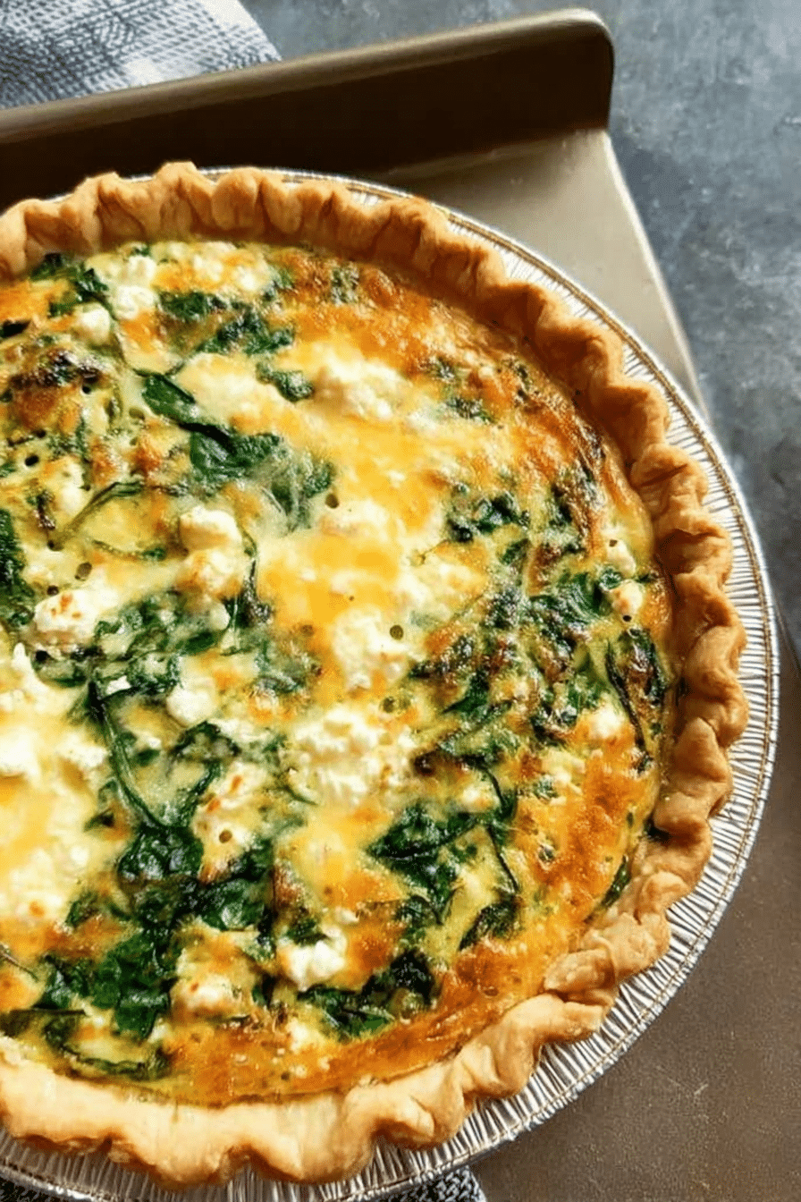Delicious spinach feta quiche on a wooden table, garnished with fresh spinach and feta cheese.