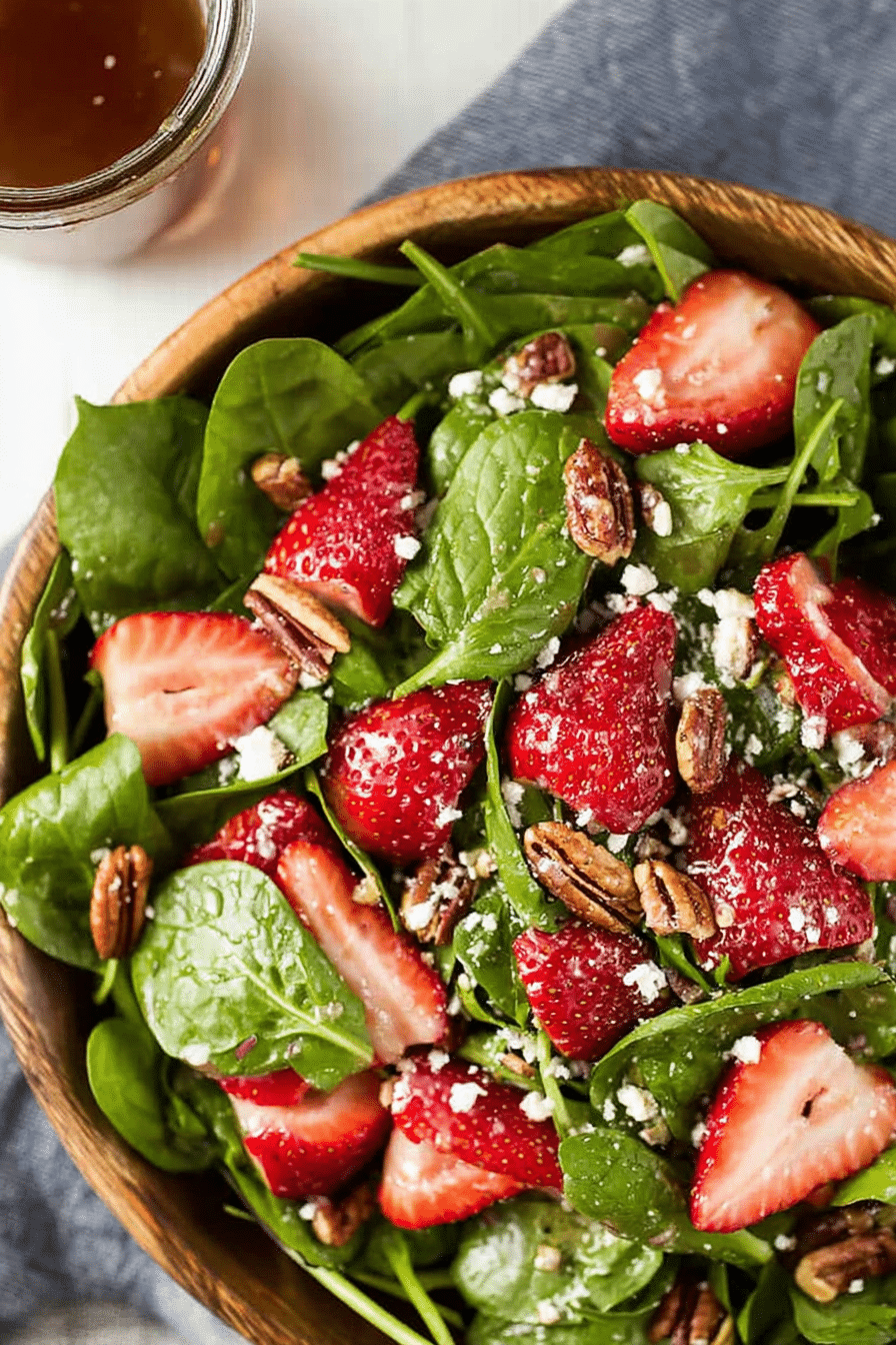 Bowl of spinach strawberry salad with feta cheese, pecans, and balsamic poppy seed dressing.