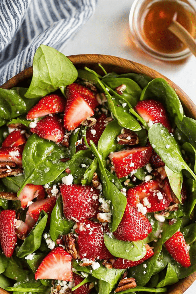 Fresh spinach strawberry salad with feta and pecans on a wooden table