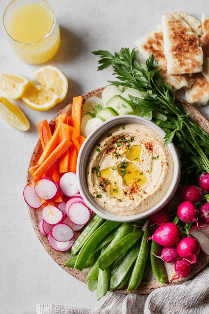 Colorful spring hummus platter with rainbow carrots, sugar snap peas, and sliced radishes, served with creamy hummus topped with olive oil and parsley.