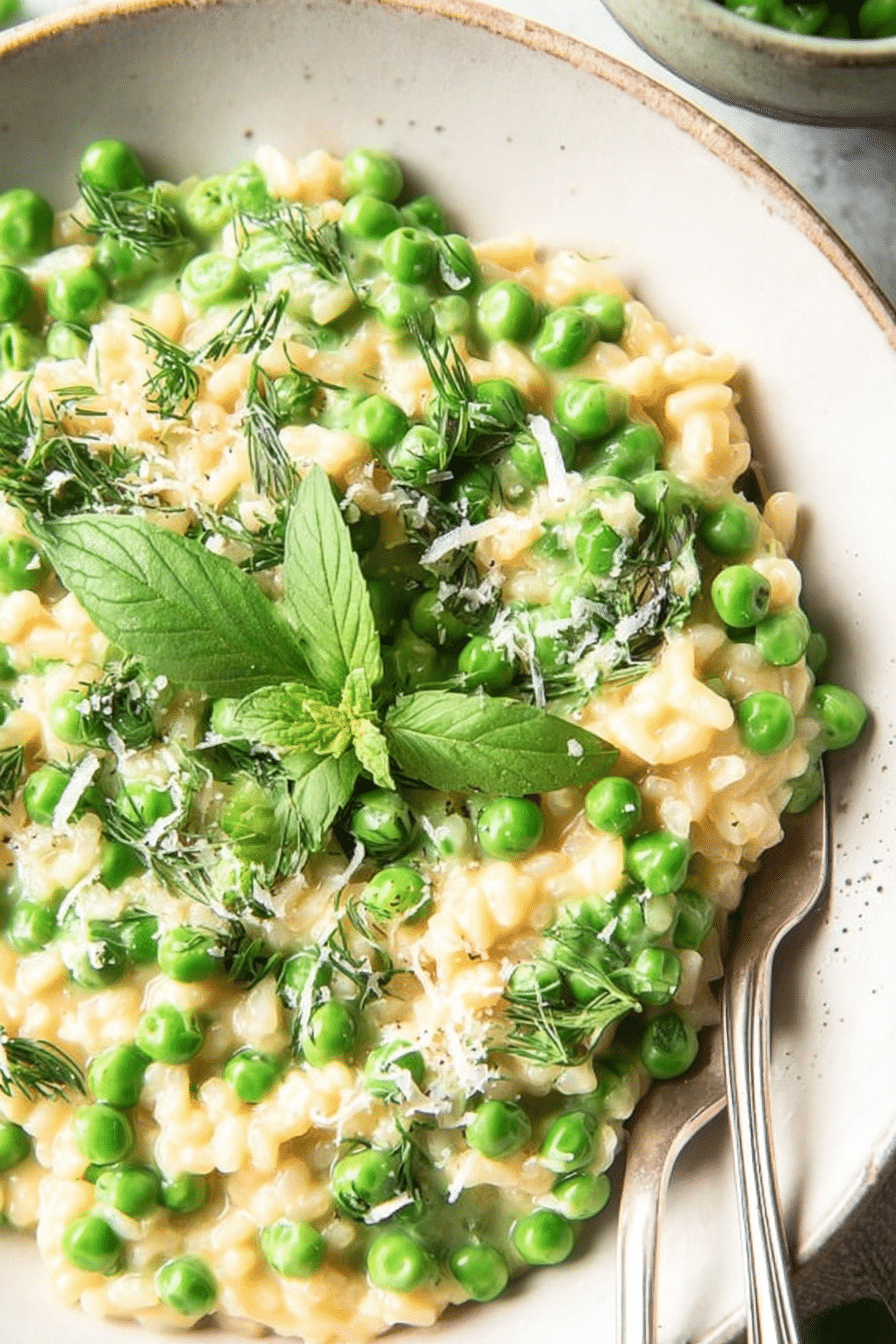 Bowl of spring pea risotto with herbs and lemon zest, highlighting fresh green peas.