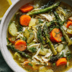 Bowl of spring vegetable soup with carrots, asparagus, snap peas, garnished with dill and lemon.