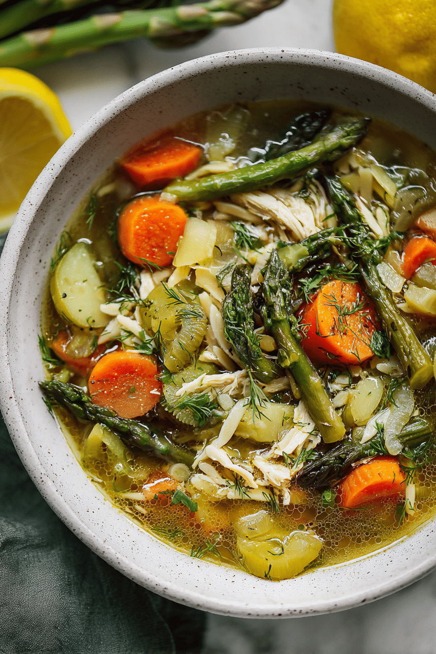 Bowl of spring vegetable soup with carrots, asparagus, snap peas, garnished with dill and lemon.