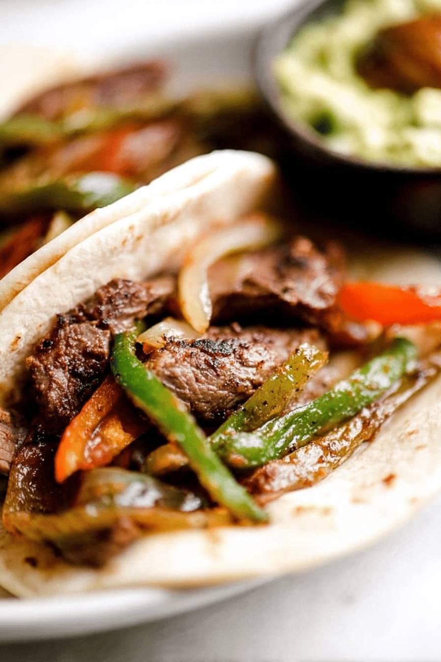Delicious steak fajitas with colorful peppers and onions served with tortillas.