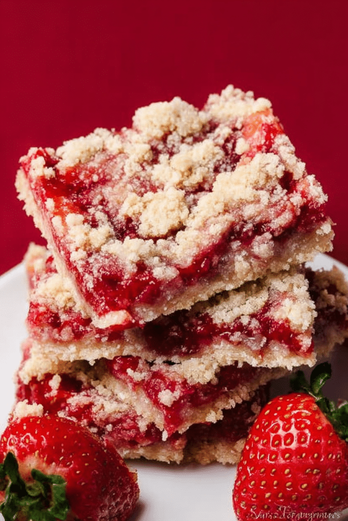 Delicious strawberry crumb bars displayed on a wooden board with fresh strawberries.