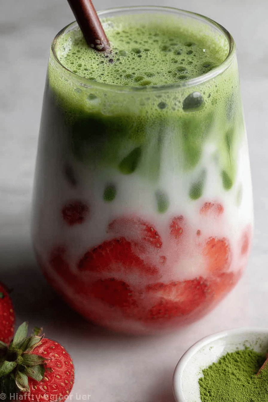 Strawberry matcha latte in a clear glass layered with puréed strawberries and matcha, topped with fresh strawberries.