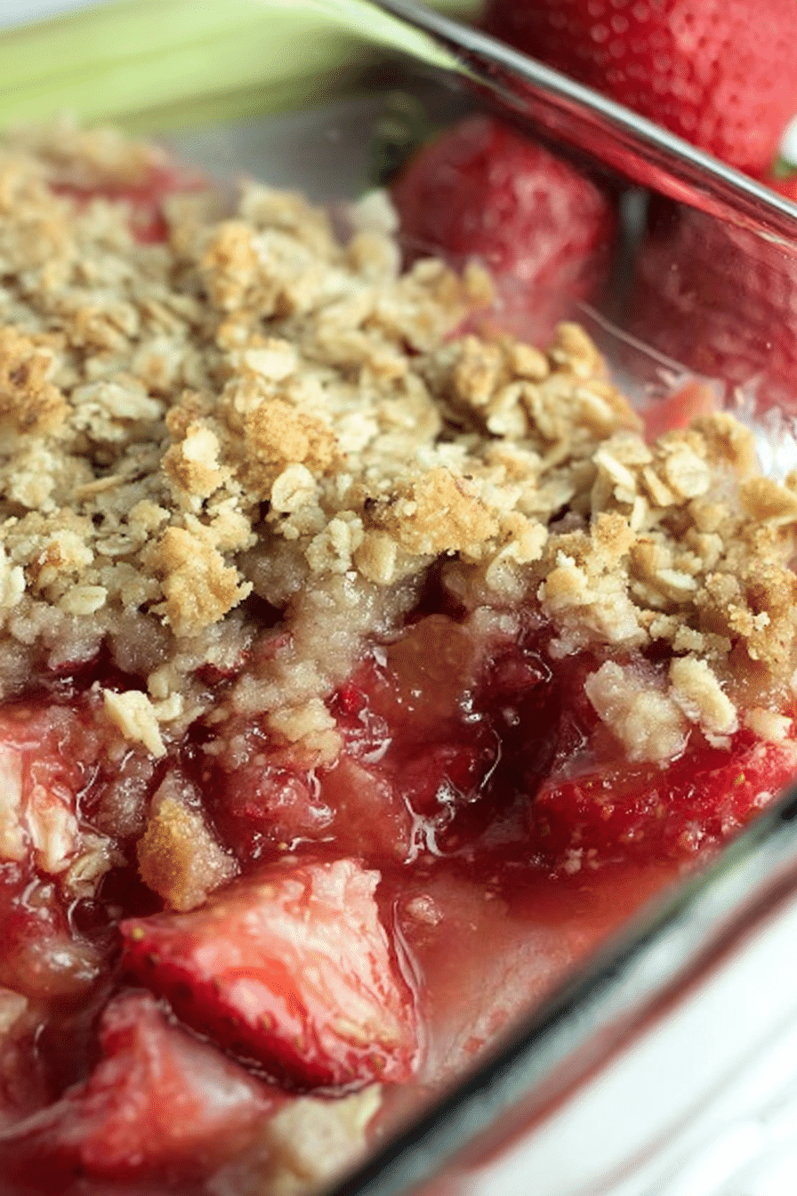 Close-up of homemade strawberry rhubarb crisp with golden crumble in a glass dish and fresh strawberries on the side.