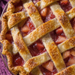 Sliced strawberry rhubarb pie showing vibrant red filling, with fresh strawberries and rhubarb around it.