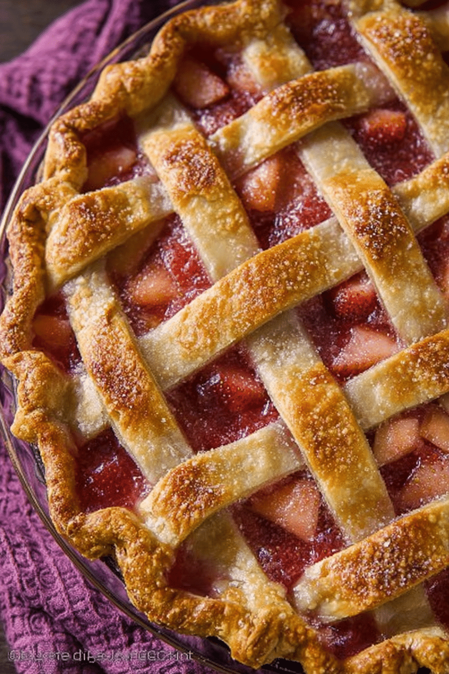Sliced strawberry rhubarb pie showing vibrant red filling, with fresh strawberries and rhubarb around it.