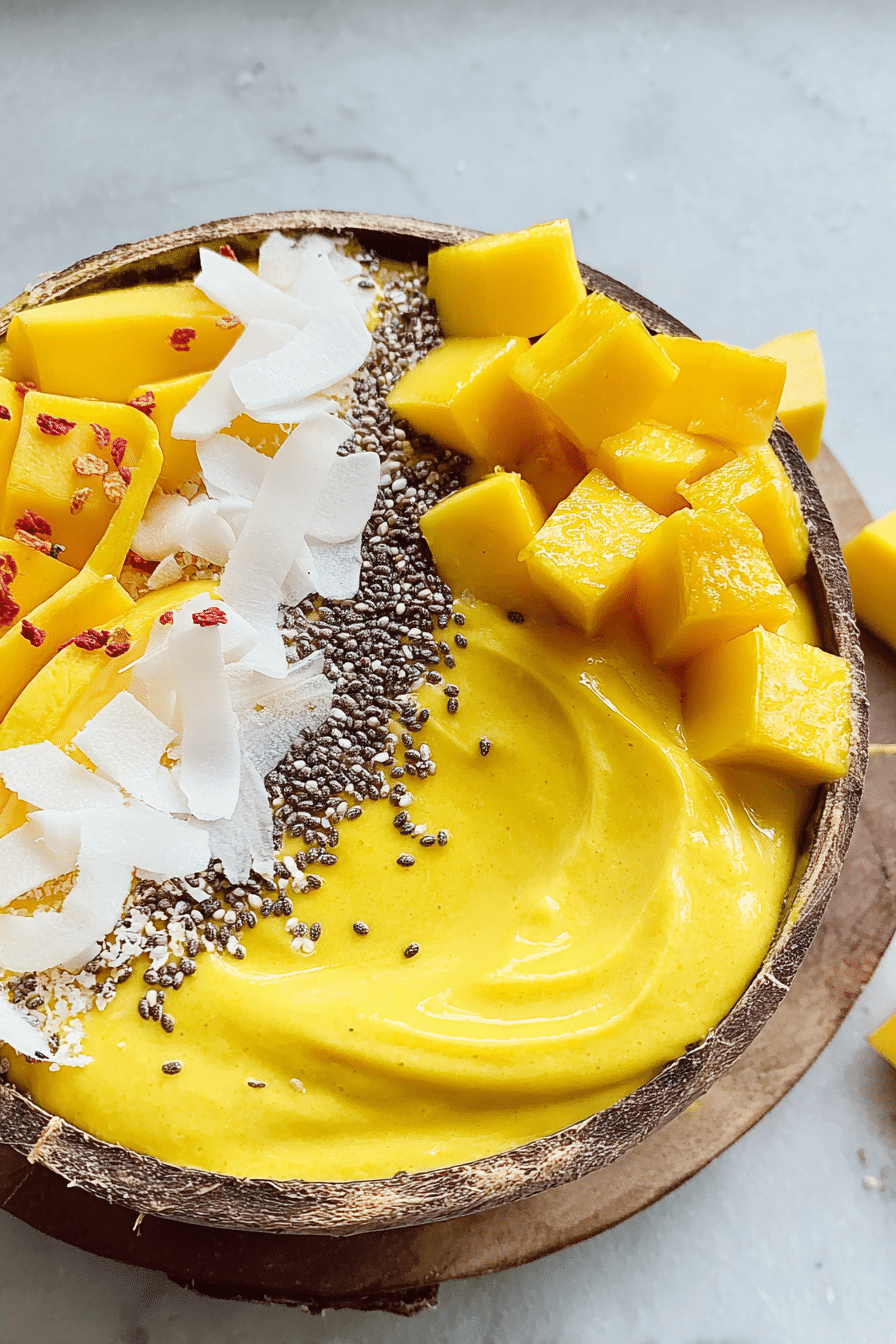 Thick mango smoothie bowl with fresh mango slices and toppings on wooden table