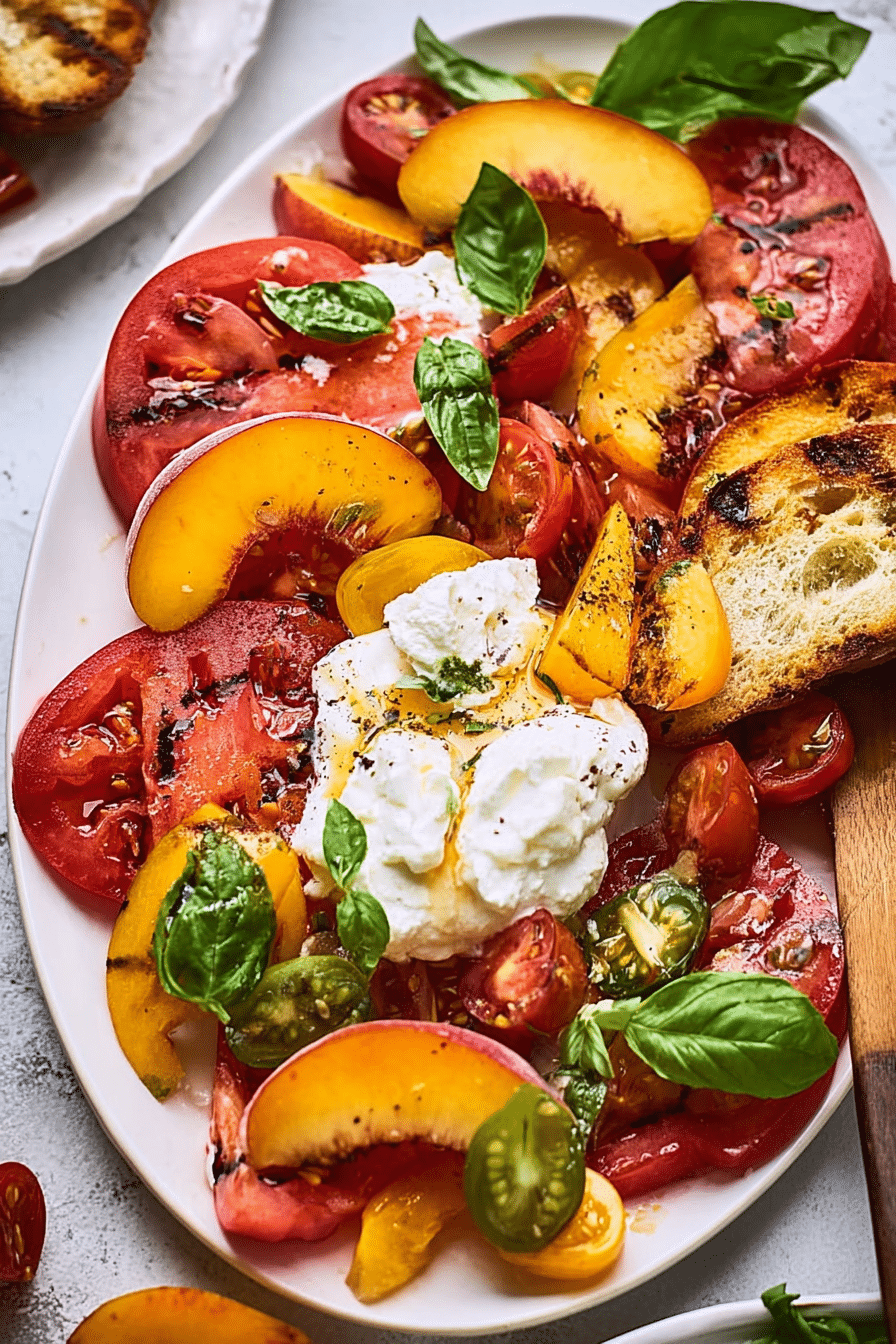 Tomato peach burrata salad with heirloom tomatoes and peaches on a wooden table