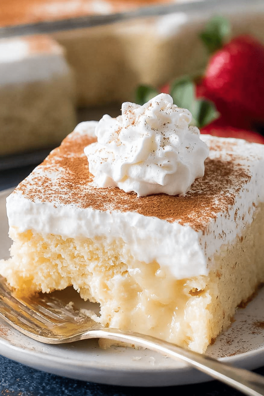 A slice of tres leches cake with whipped cream and cinnamon on a plate.