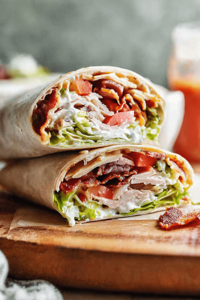 Close-up of a Turkey Club Wrap filled with turkey, bacon, lettuce, and avocado on a wooden table.
