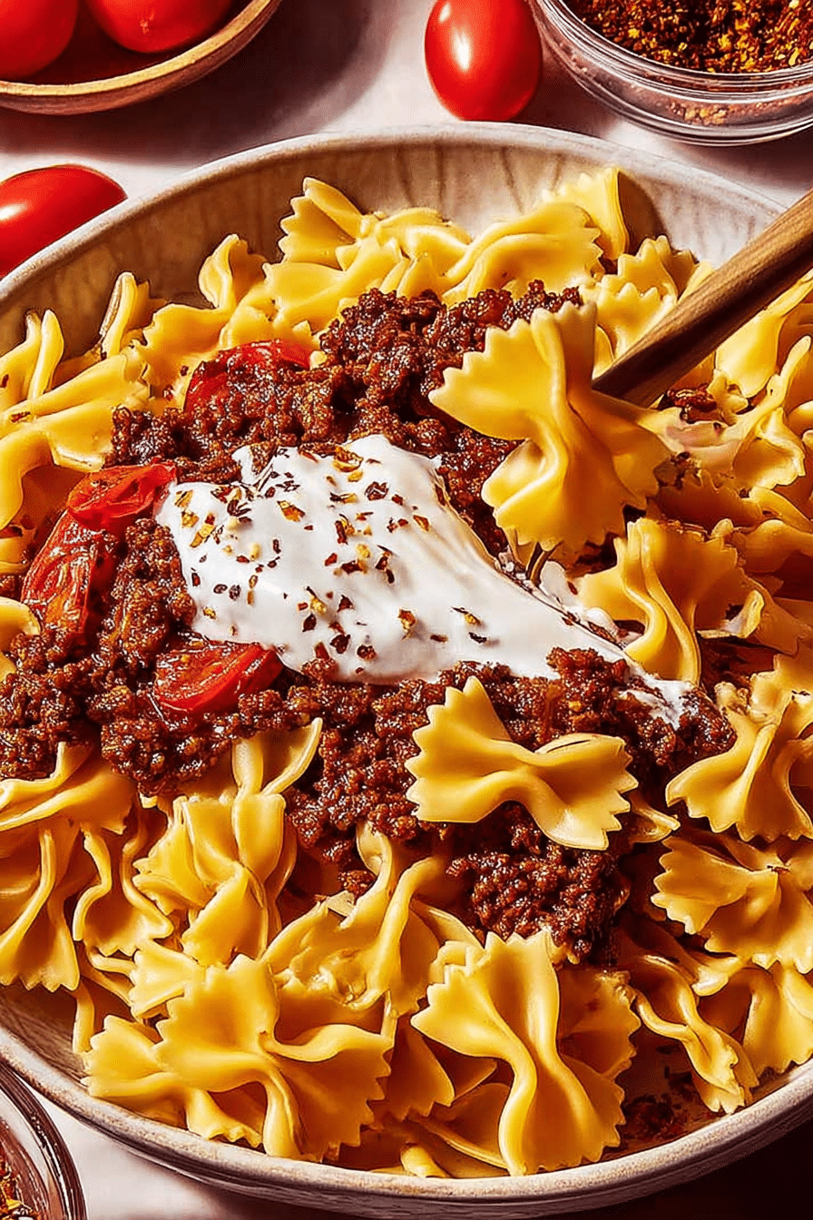 Delicious Turkish pasta layered with garlicky yogurt, spiced ground beef, and colorful garnishes.