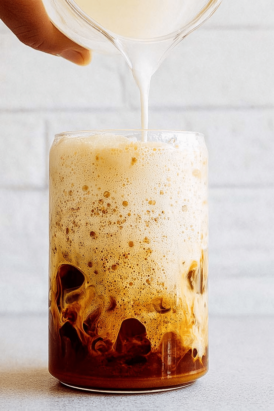 Vanilla sweet cream cold foam served over coffee in a clear glass, highlighting the creamy texture and layers.