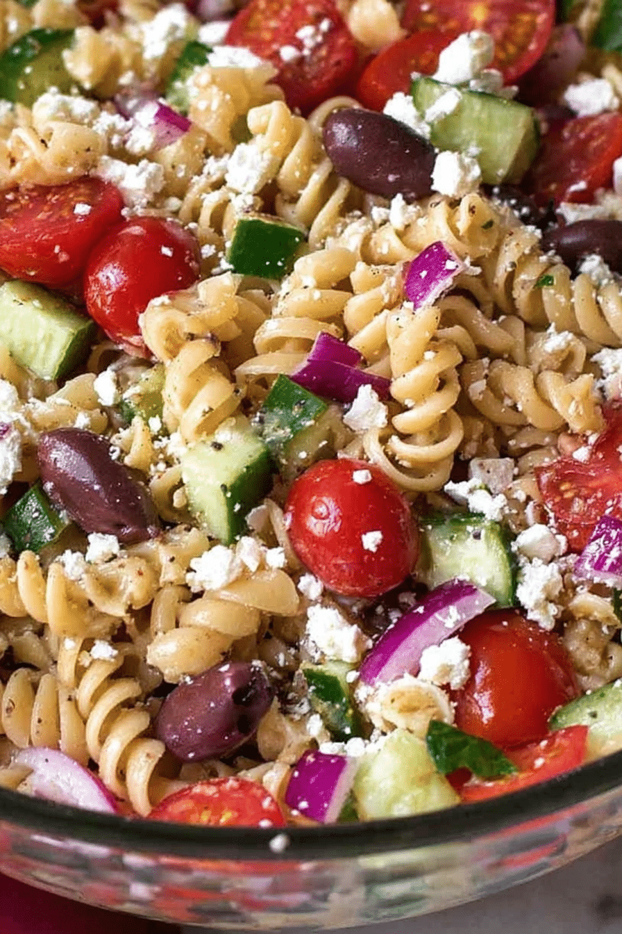 Vibrant Greek pasta salad with rotini, cucumbers, tomatoes, olives, and feta cheese in a glass bowl