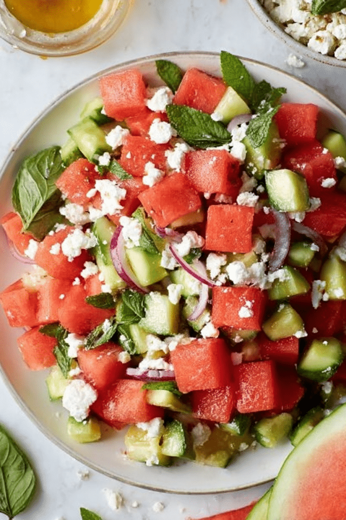 Watermelon salad with feta cheese, cucumber, and fresh mint on a wooden table.