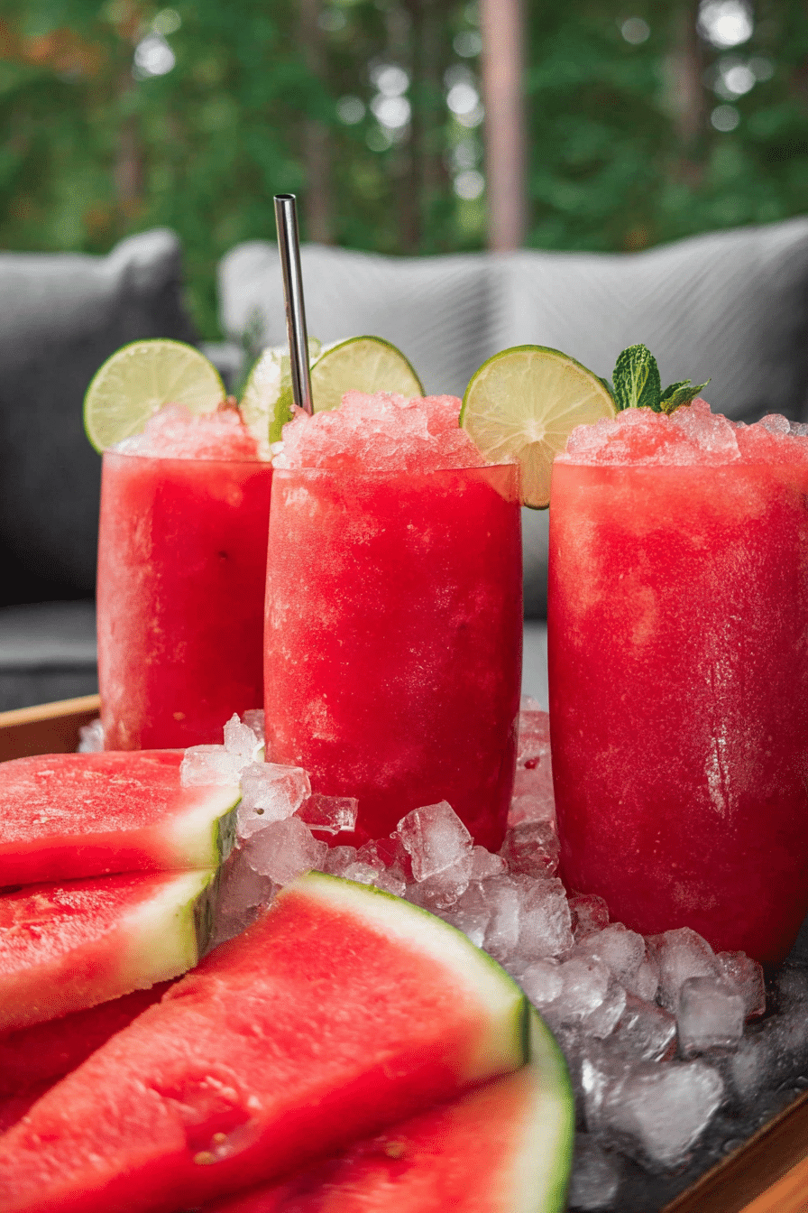 Refreshing watermelon slushie in a glass, garnished with mint and lime for summer enjoyment.