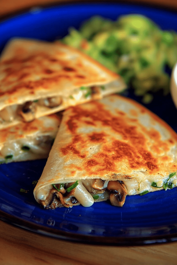 Delicious wild mushroom quesadillas cut into triangles, garnished with cilantro and served with salsa.
