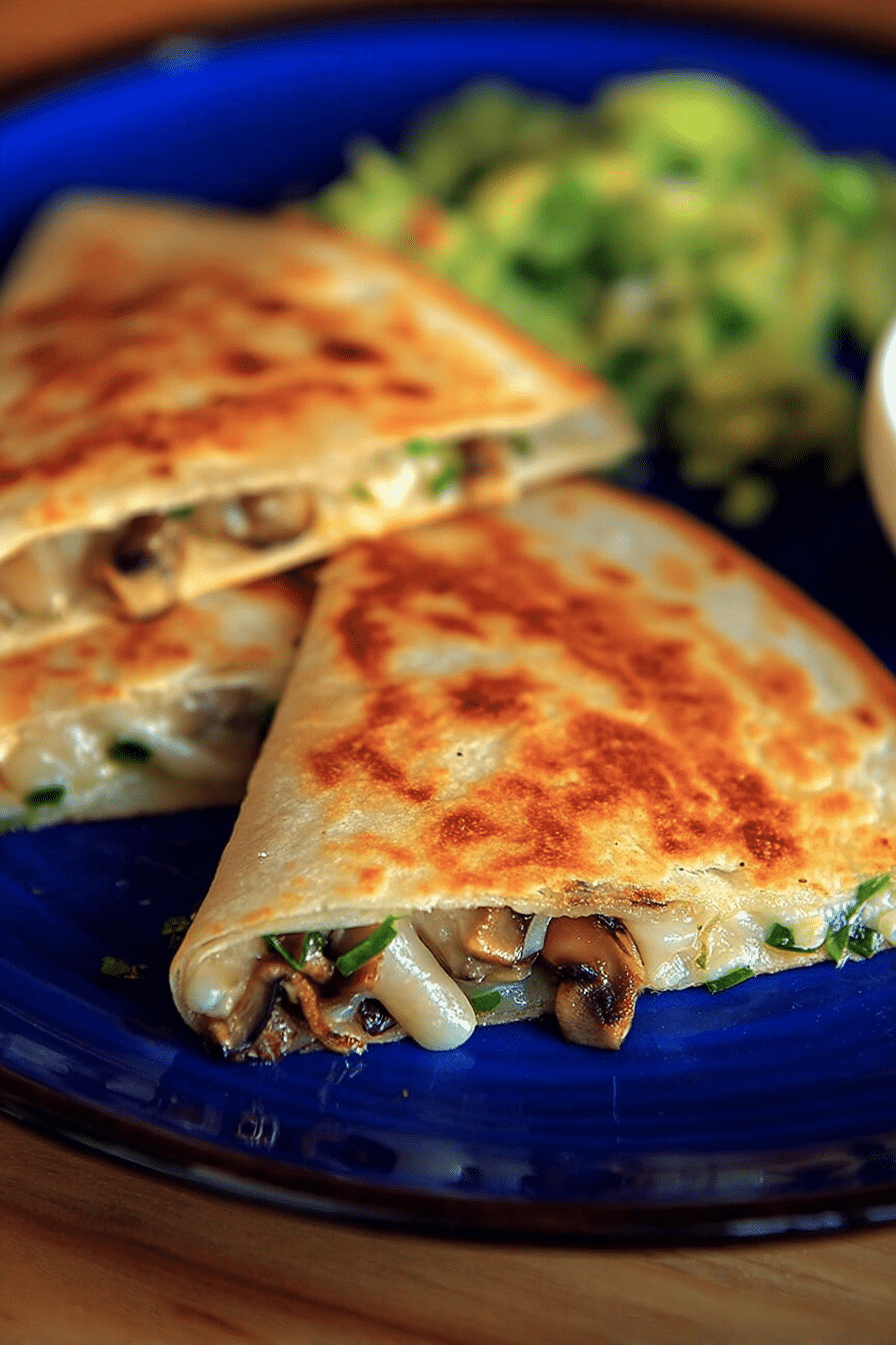Delicious wild mushroom quesadillas cut into triangles, garnished with cilantro and served with salsa.