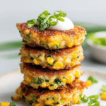 Golden-brown zucchini and corn fritters on a white plate with dipping sauce and fresh herbs.