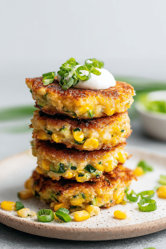 Golden-brown zucchini and corn fritters on a white plate with dipping sauce and fresh herbs.