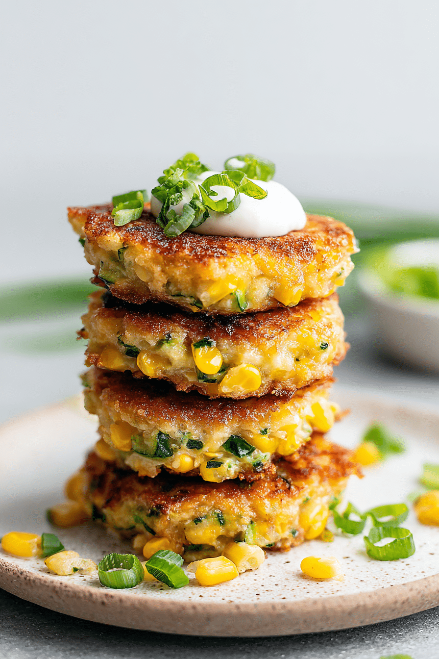 Golden-brown zucchini and corn fritters on a white plate with dipping sauce and fresh herbs.