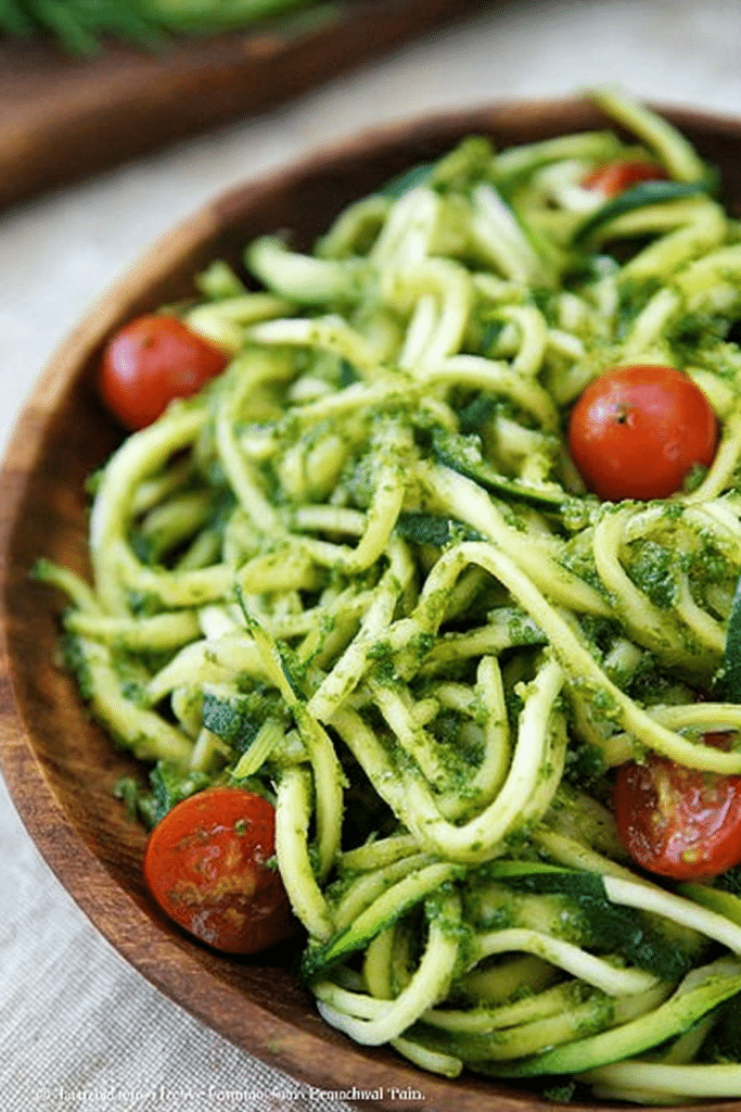 A delicious serving of zucchini noodles with pesto, garnished with cherry tomatoes and Parmesan cheese.