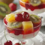 5-Ingredient Japanese Jelly Dessert served in clear bowls with mixed fresh fruits and condensed milk on top.