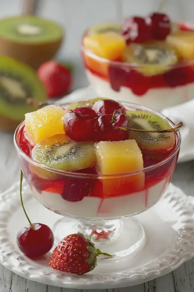 5-Ingredient Japanese Jelly Dessert served in clear bowls with mixed fresh fruits and condensed milk on top.