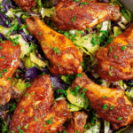 Asian inspired baked chicken wings served with Brussels sprouts and red cabbage salad.