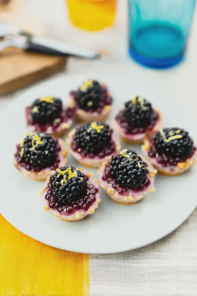 Close-up of beautifully arranged blackberry tarts with fresh blackberries and lemon zest on a wooden serving board.