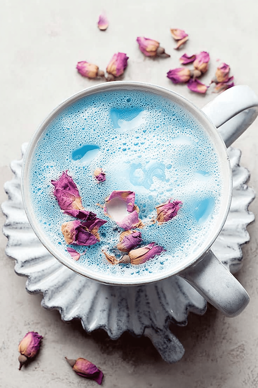 Close-up of a blue butterfly pea flower latte in a clear glass cup with rose petals on top, surrounded by blue butterfly pea flowers.