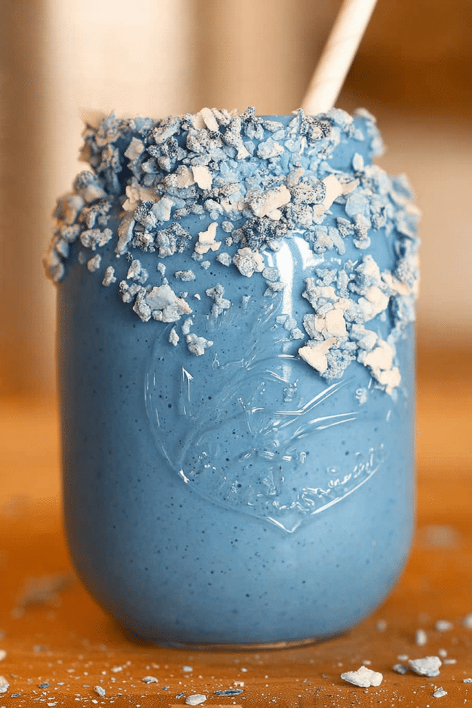 Vibrant blue spirulina smoothie in a glass surrounded by fresh bananas and pineapples on an outdoor table.