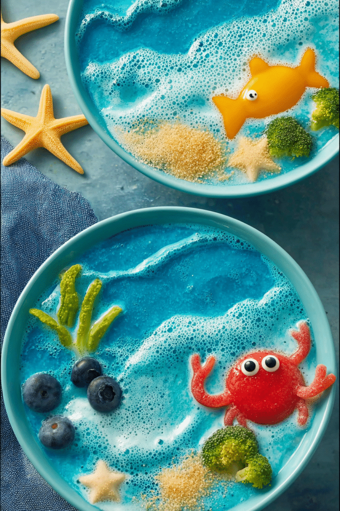 A bright Blue Wave Smoothie Bowl filled with blue spirulina, topped with mango, strawberries, and black sesame seeds.
