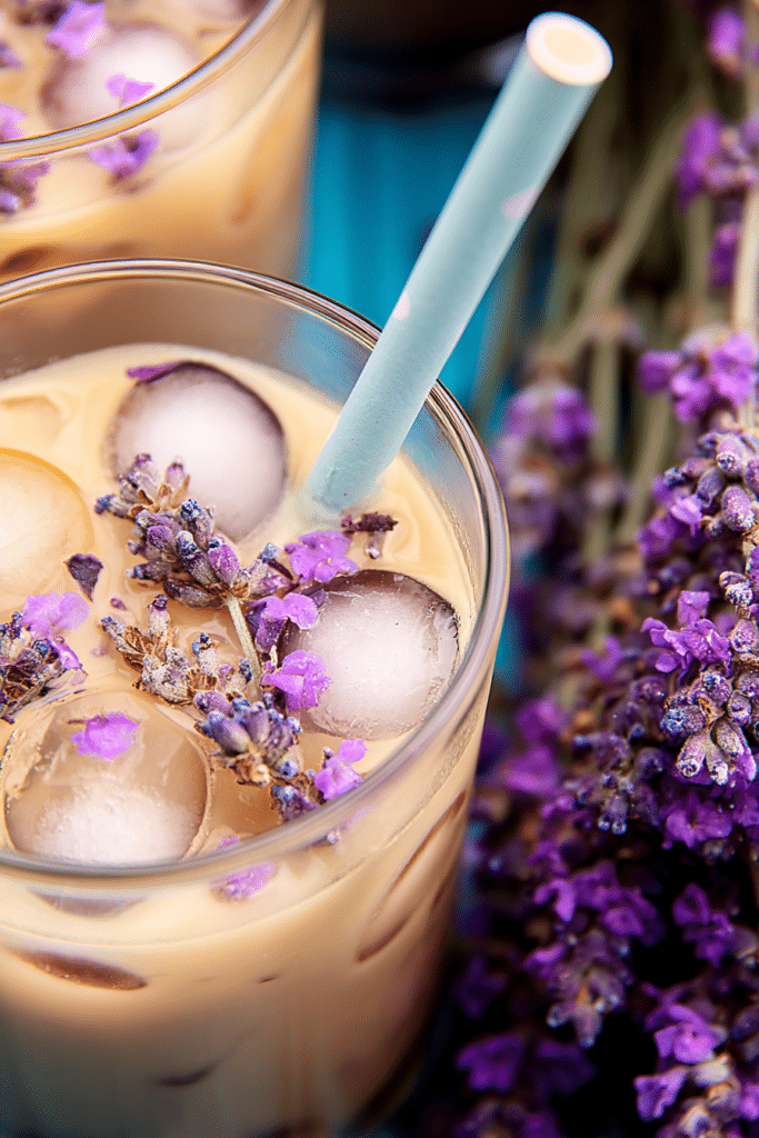 Blueberry Lavender Haze Cold Brew in a glass with ice, garnished with blueberries and lavender sprigs on a wooden table.