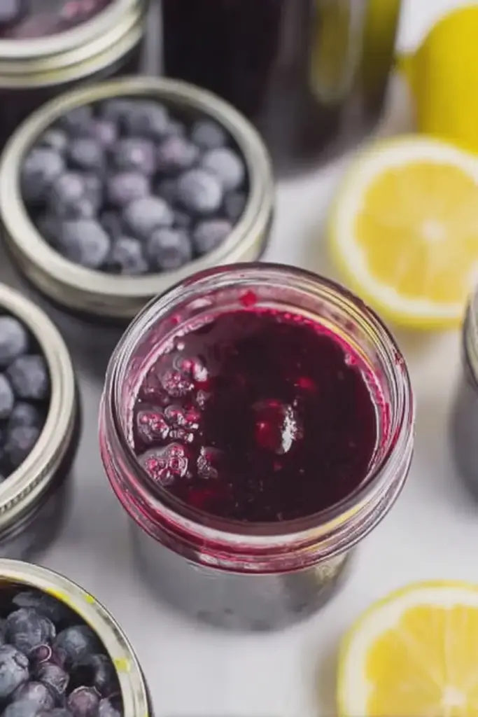 Jars of homemade blueberry lemon jam with fresh blueberries and lemon slices on a rustic wooden background.