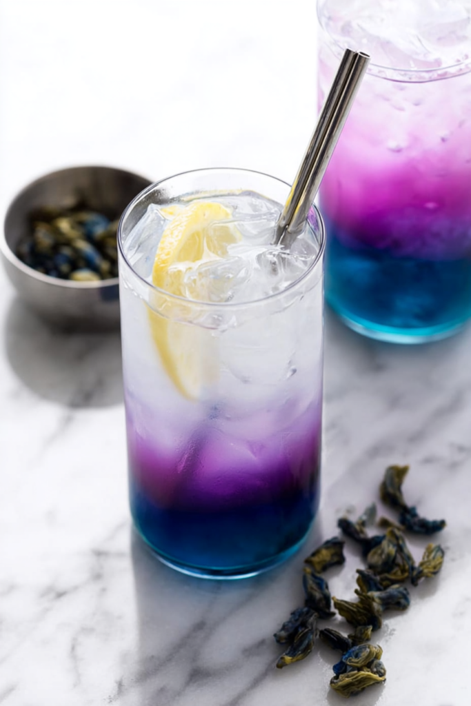 A refreshing glass of butterfly pea lemonade with ice, lemon slice and colorful blue to pink gradient.