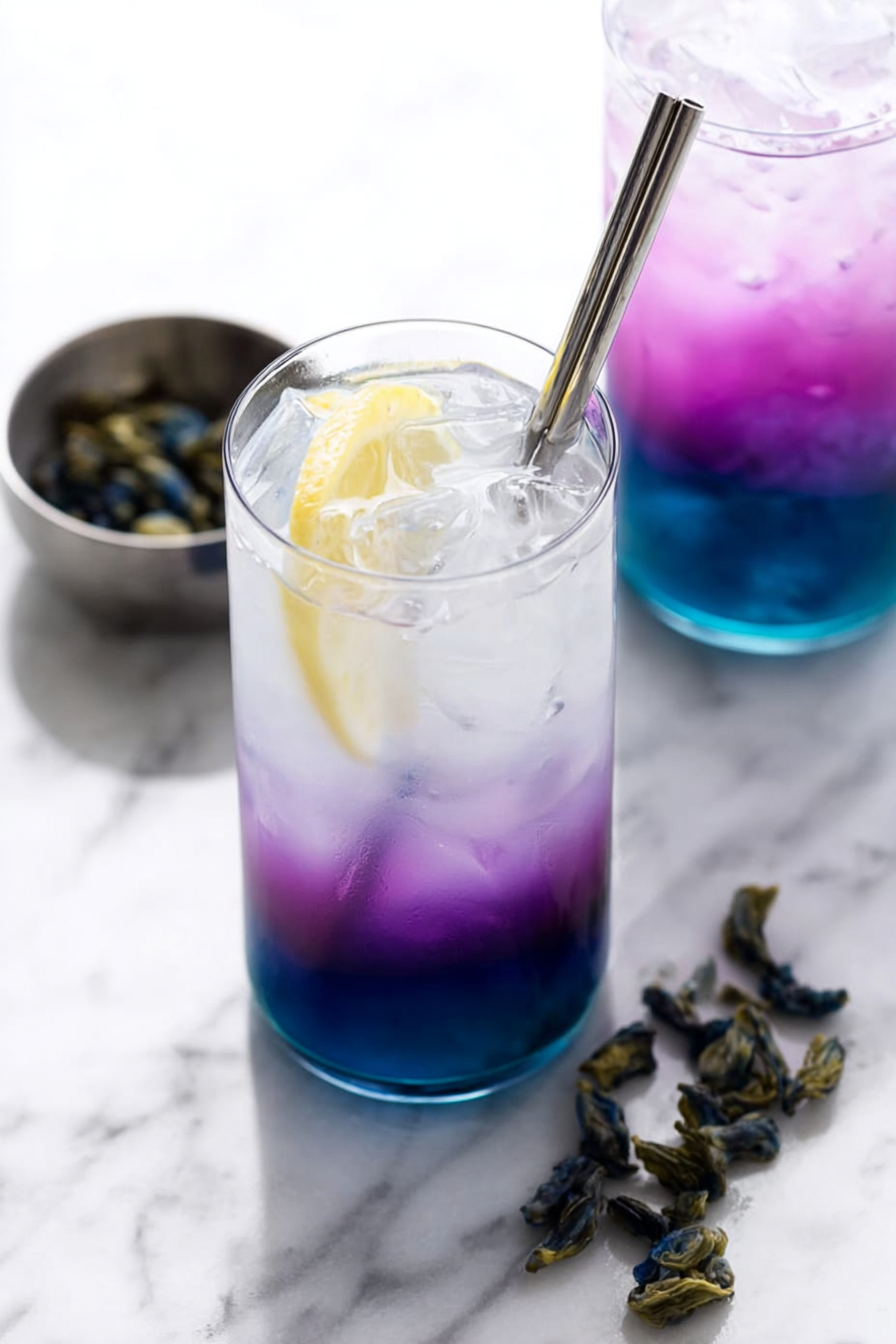 A refreshing glass of butterfly pea lemonade with ice, lemon slice and colorful blue to pink gradient.