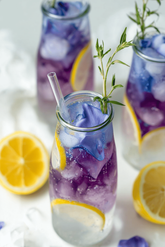 Refreshing butterfly pea tea lemonade with lemon slices and rosemary garnish in a glass on a wooden table.