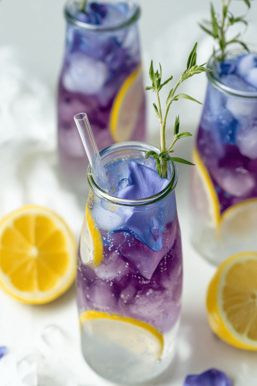 Refreshing butterfly pea tea lemonade with lemon slices and rosemary garnish in a glass on a wooden table.
