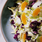 Vibrant cabbage, fennel, and citrus salad in a bowl featuring bright orange segments and green fennel fronds.