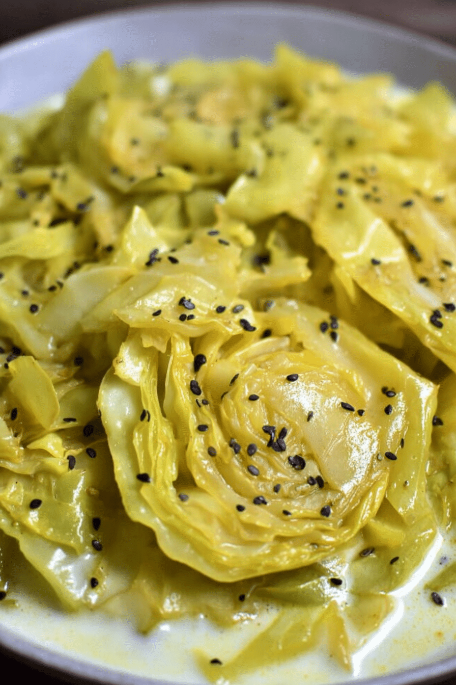 Bowl of cabbage in mild yogurt and mustard seed curry garnished with cilantro and served with rice.