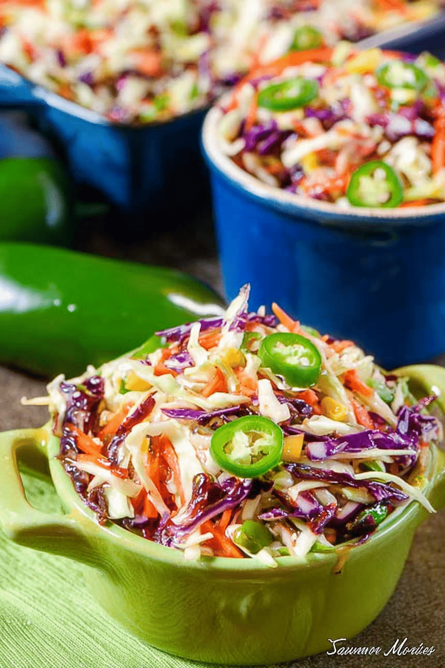 Cajun Honey Jalapeño Slaw in a vibrant bowl, garnished with fresh jalapeños.