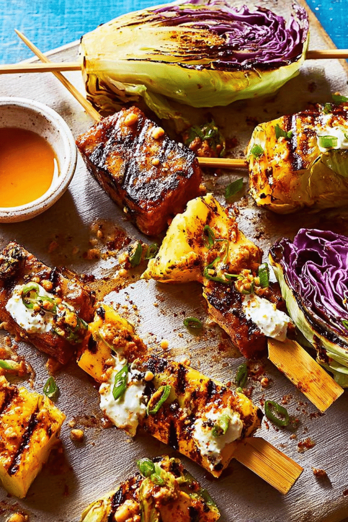 Close-up of charred cabbage skewers with harissa butter and Greek yogurt garnish, perfect for a summer barbecue.