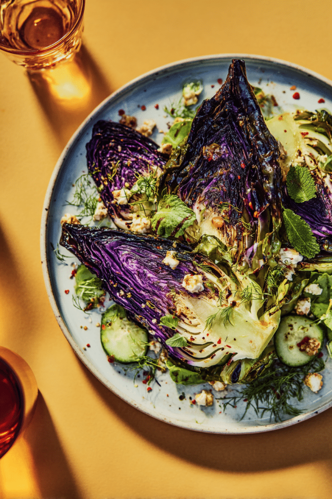 Charred grilled cabbage wedges served with goat cheese raita and fresh herbs, styled for a summer dining experience.