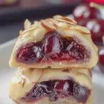Close-up of cherry almond brie bites on a wooden board, garnished with cherries and almonds.